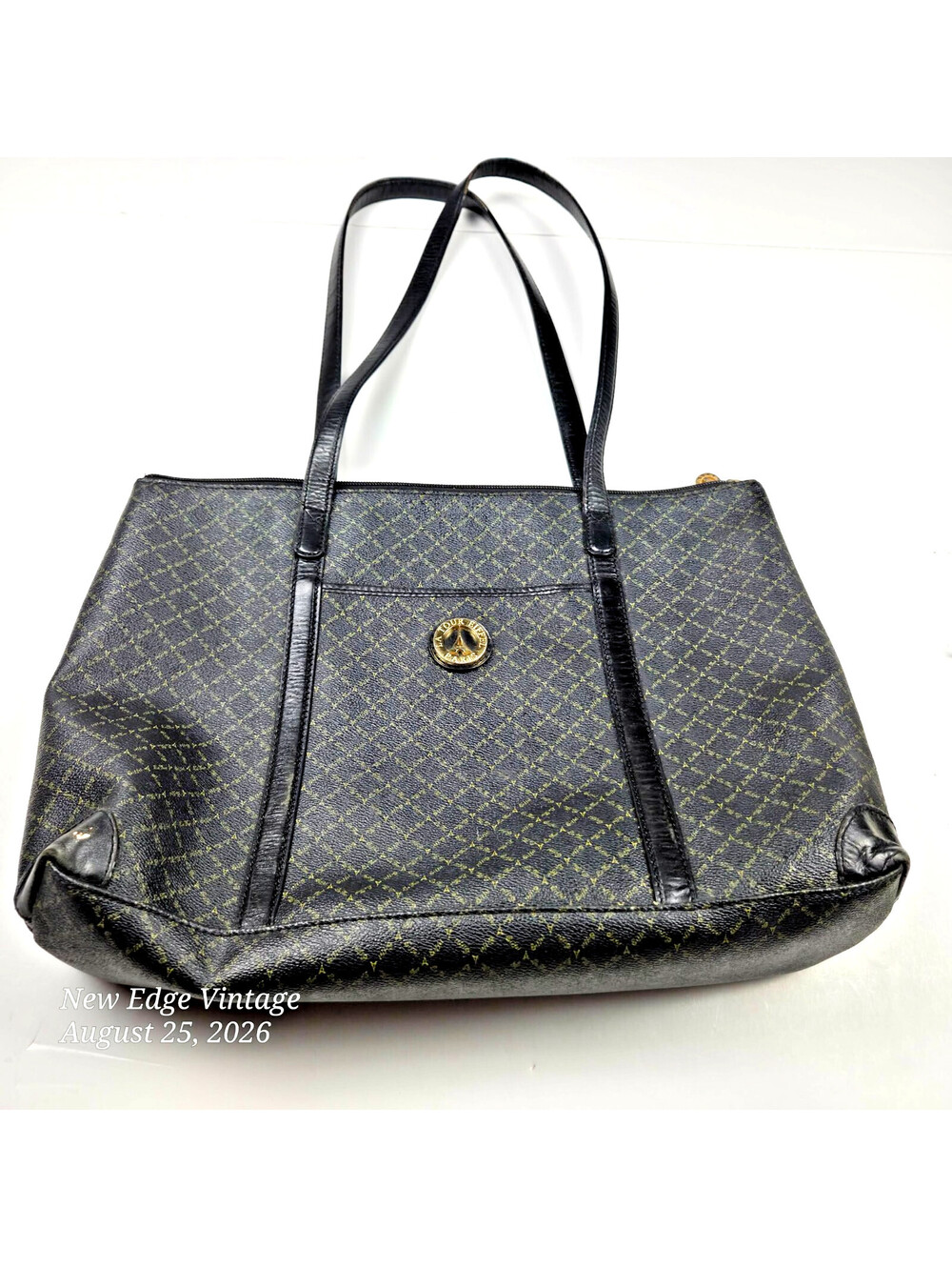 La Tour Eiffel Paris Tote Bag Black Monogram Leather Trim Gold Hardware VTG